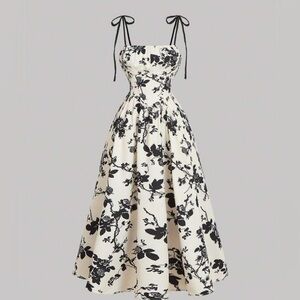 Women's Black & White Floral Tie-Strap maxi Dress